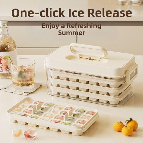 Ice Cube Trays with Lids, Scoop &amp; Ice Bucket 28/84 Pcs Portable Silicone Ice Cube Mold with Easy Pop Out Reusable Freezer Ice Box for Fridge (White, 3 Layer(84 pcs))