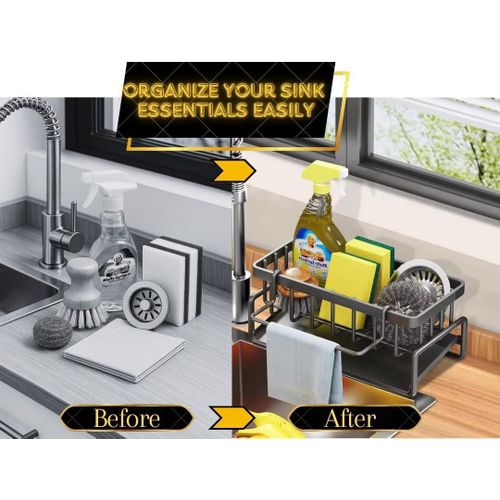 Black bracket for kitchen sink, rust proof kitchen sink box, with automatic drying and detachable cloth rack, multifunctional kitchen sink organizer