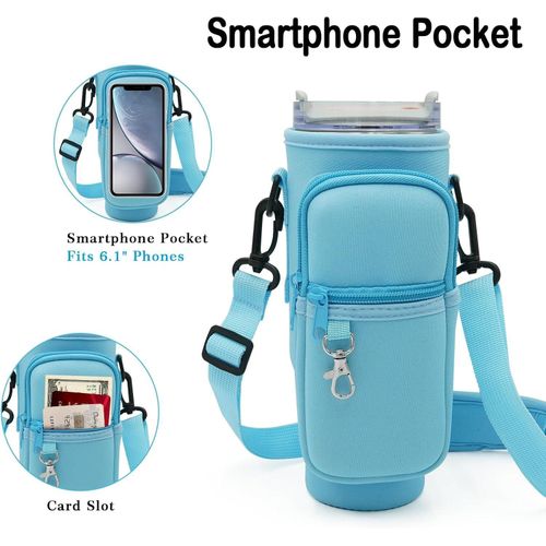 Flushrenic Water Bottle Carrier Bag,Water Bottle Carrier Bag,for Stanley 42oz Tumbler with Phone Pocket,Holder Pouch with Adjustable Strap for Hiking Travelling Camping(Light Blue)