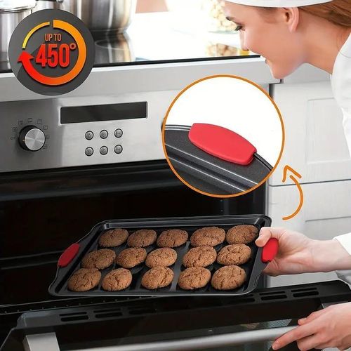 3-Piece Carbon Stainless Steel Non-Stick Oven Baking Pan with Red Silicone Handles