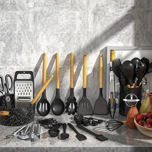 44pcs Ustensiles De Cuisine En Silicone Avec Manche En Bois, Spatules Antiadhésives