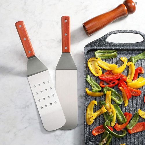 Stainless Steel Perforated Spatula - Wood Handle Flexible Grill Turner for Kitchen &amp; BBQ