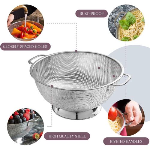 Colander for Kitchen – 5L Stainless Steel Strainer with Handle - Pasta Strainer Bowl for Pasta, Spaghetti, Vegetables, Fruit, and Pot Draining - Stainless Steel Colander