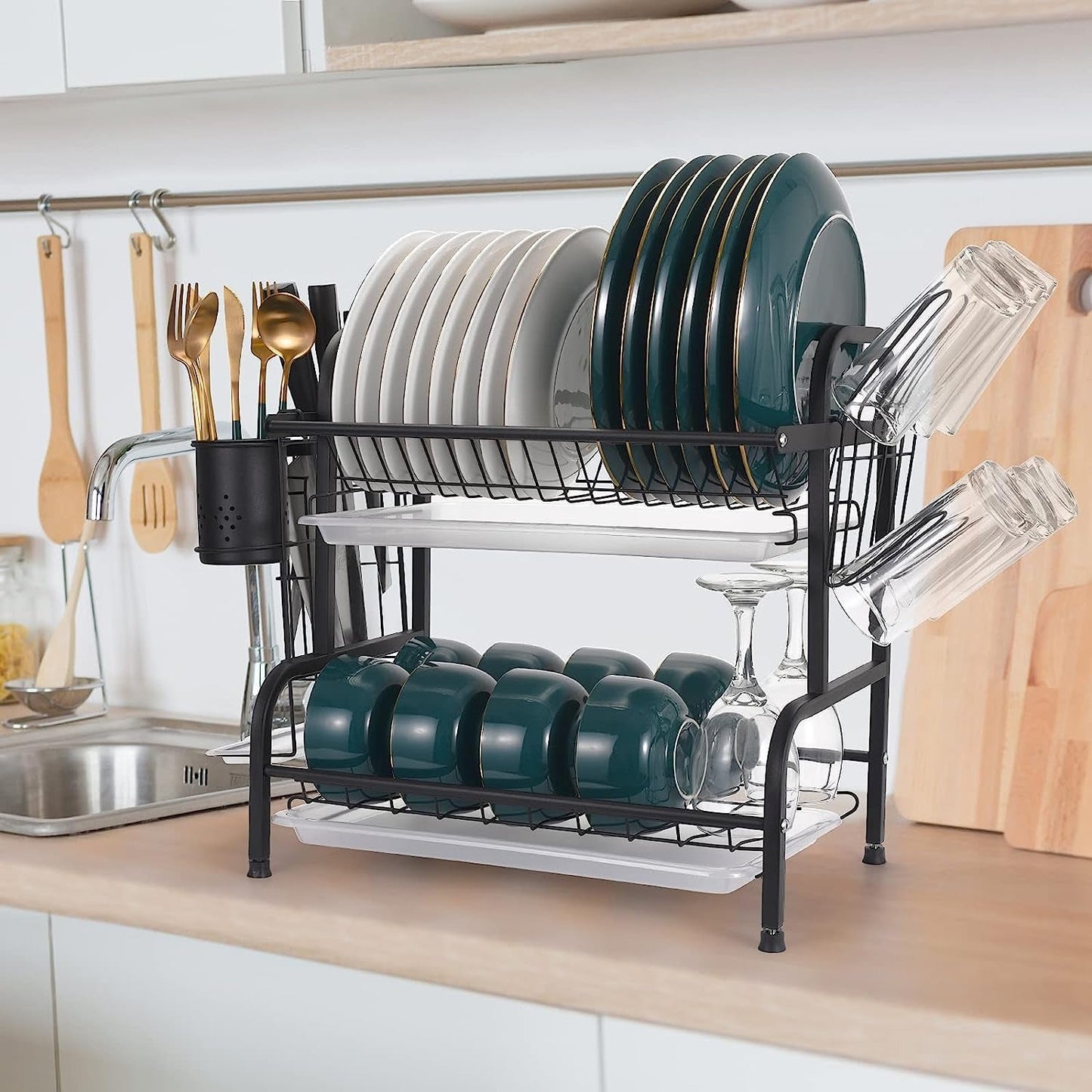 2-Tier Dish Drying Rack / Rust-Proof Kitchen Dish Drainer with Utensil Holder