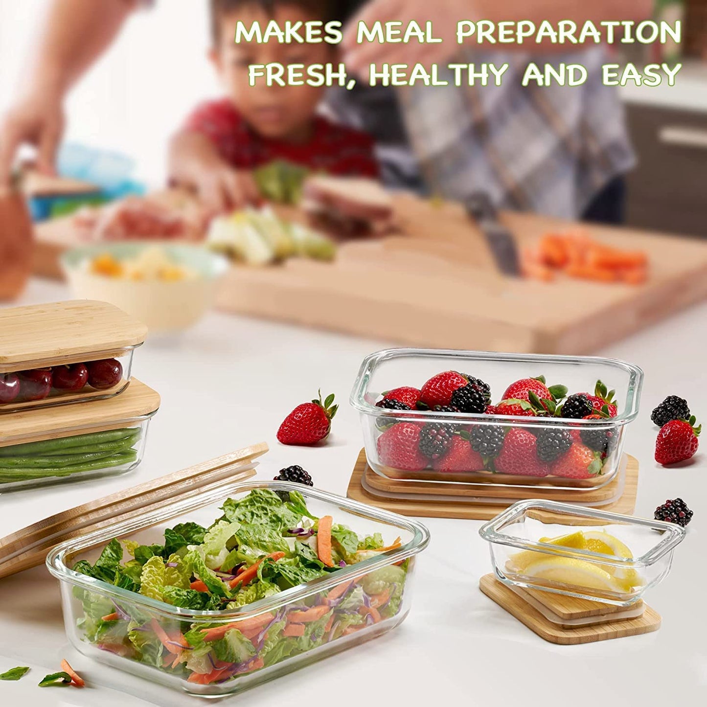 Borosilicate Glass Food Storage Containers with Wooden Lid, 3 pcs Set, Borosilicate Glass, Rectangle Shape, Transparent, Microwave Safe, 370ml, 640ml,1050ml