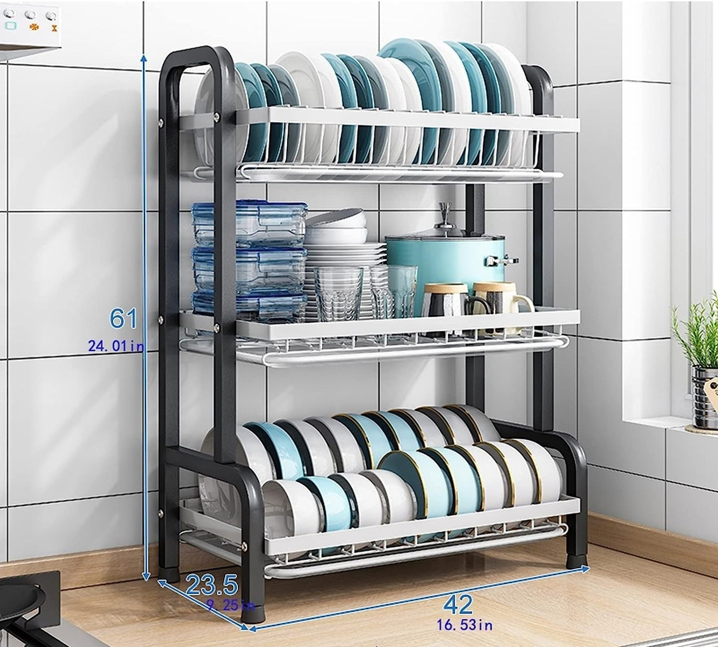 3-Tier Stainless Steel Kitchen Dish Drying Rack / Heavy Duty Standing Dish Drainer with Cutlery Holder
