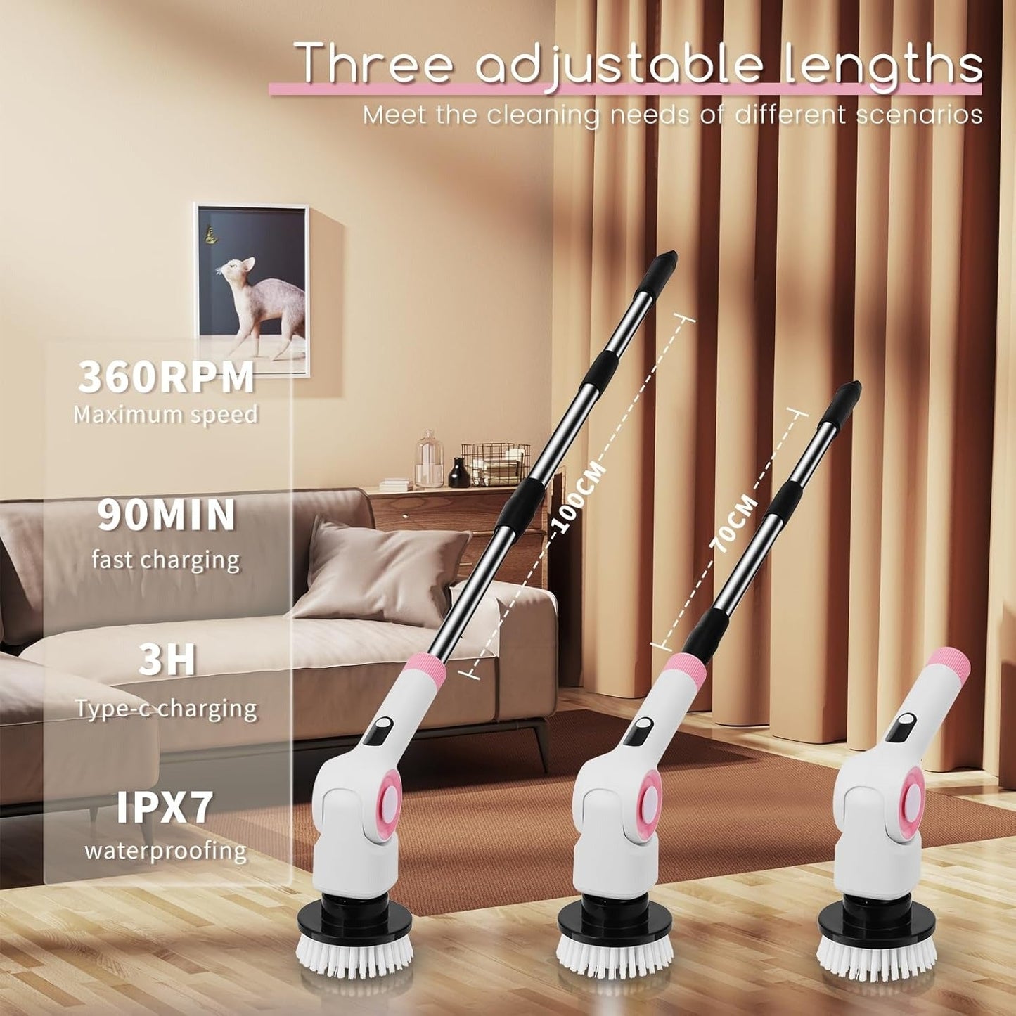 DSP Electric Spin Scrubber, IPX7 Waterproof, Adjustable Telescopic Pole Adjustable Angles, 3 speeds Electric Spin Brush for Cleaning Bathroom Tub Floor Tile Basin, LED Display