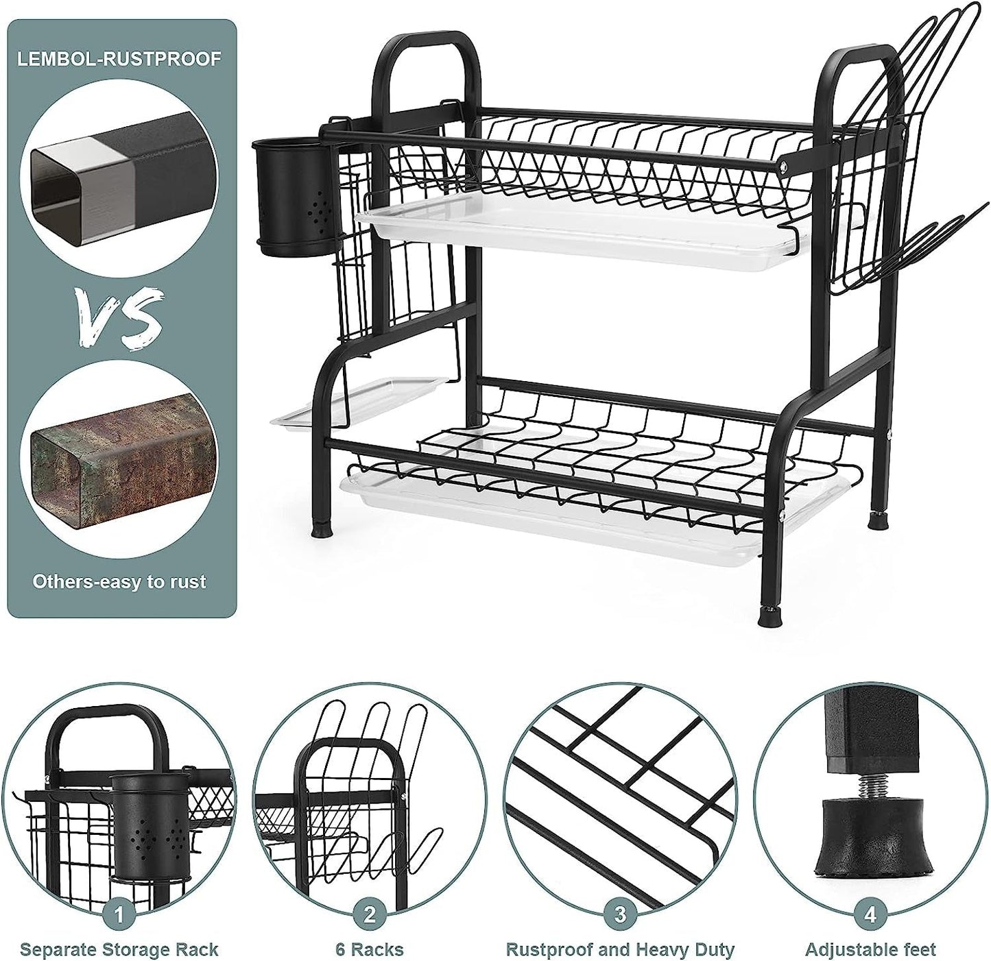 2-Tier Dish Drying Rack / Rust-Proof Kitchen Dish Drainer with Utensil Holder
