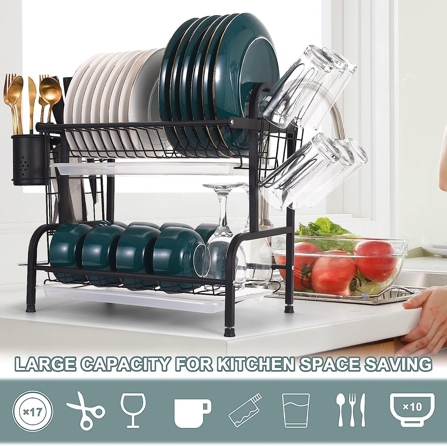 2-Tier Dish Drying Rack / Rust-Proof Kitchen Dish Drainer with Utensil Holder