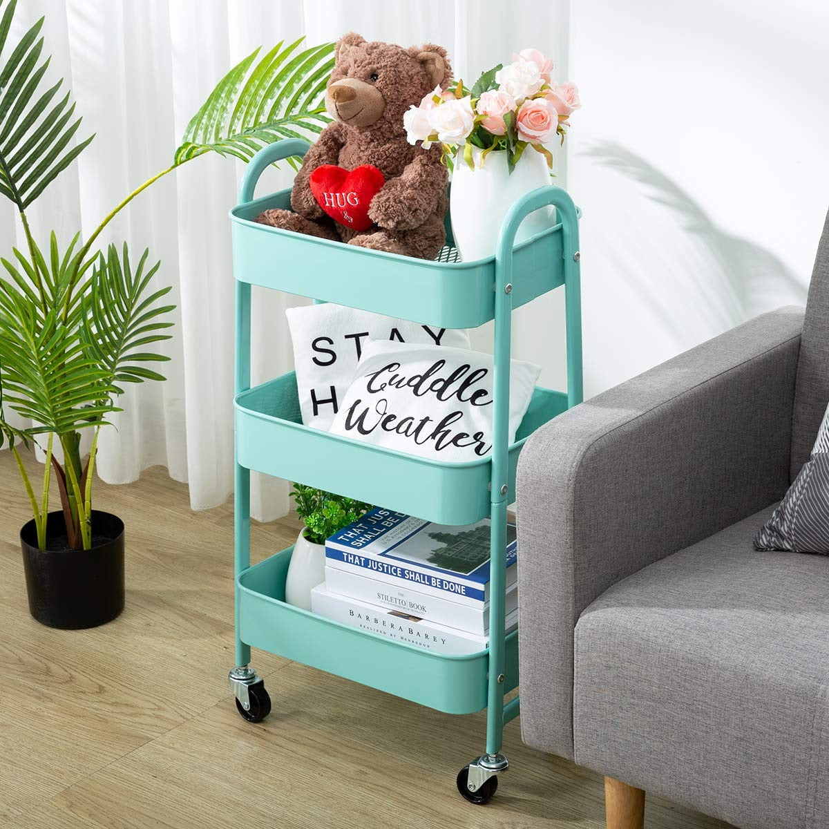 3 Tier Fully Metallic Movable Trolley Storage Rack with Wheels for Kitchen Bathroom Office