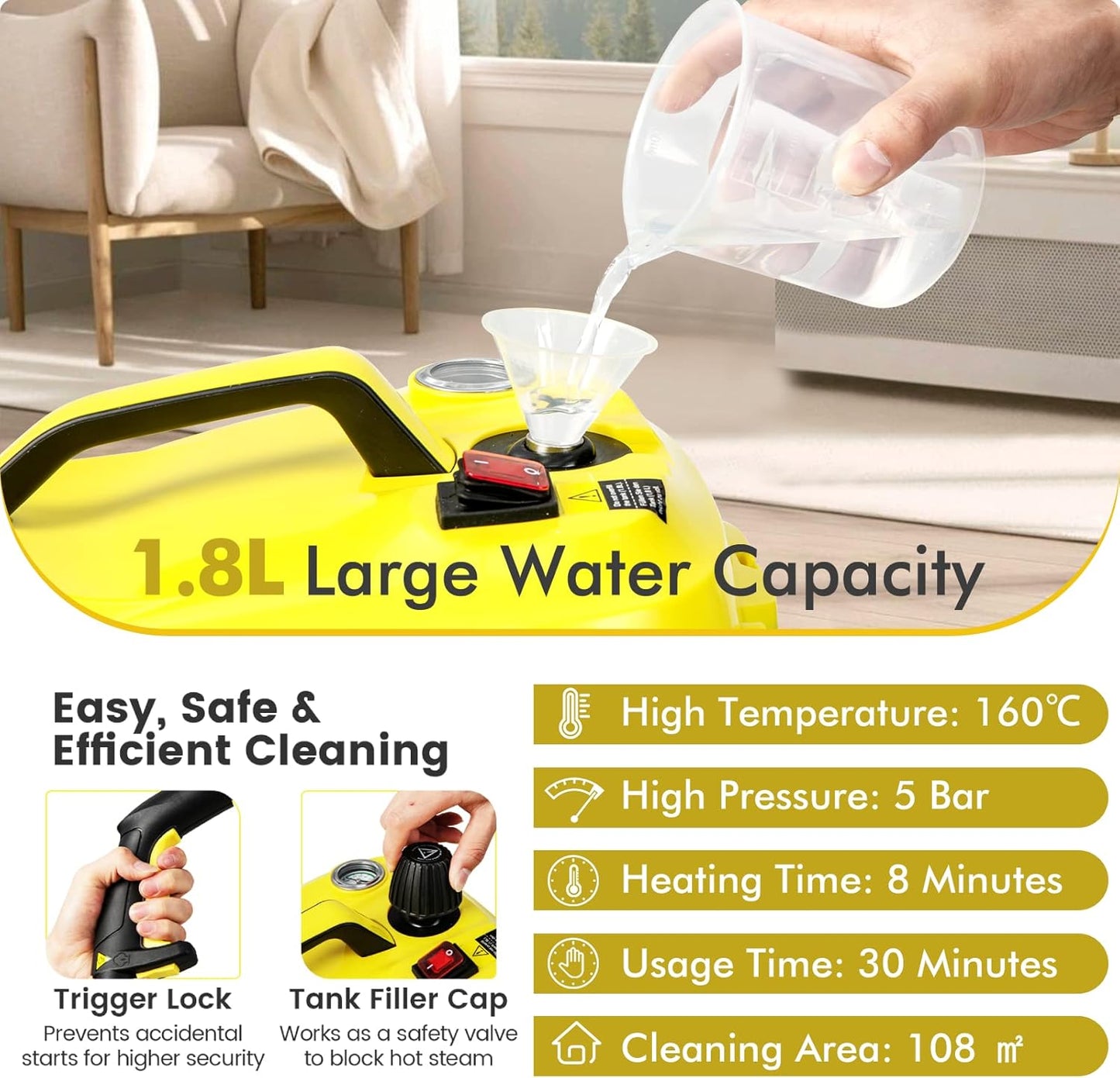Steam Cleaner, 1800W Handheld Floor Steamer Cleaning Mop with Universal Wheel, 1.8L Tank, Professional-Grade Steamer for Cleaning Floors, Mattresses and Cars (Yellow)