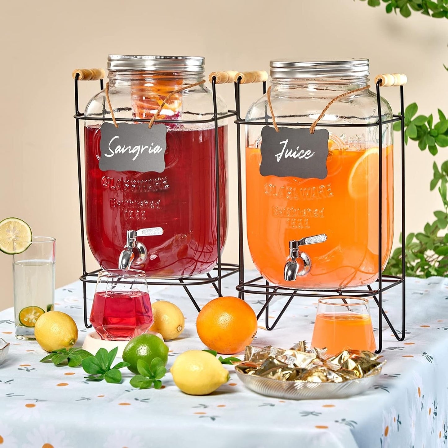 Glass Drink Dispenser with Stand & Tap Juice & Cocktail Dispenser Elegant Beverage Server for Parties, Weddings & Home Use