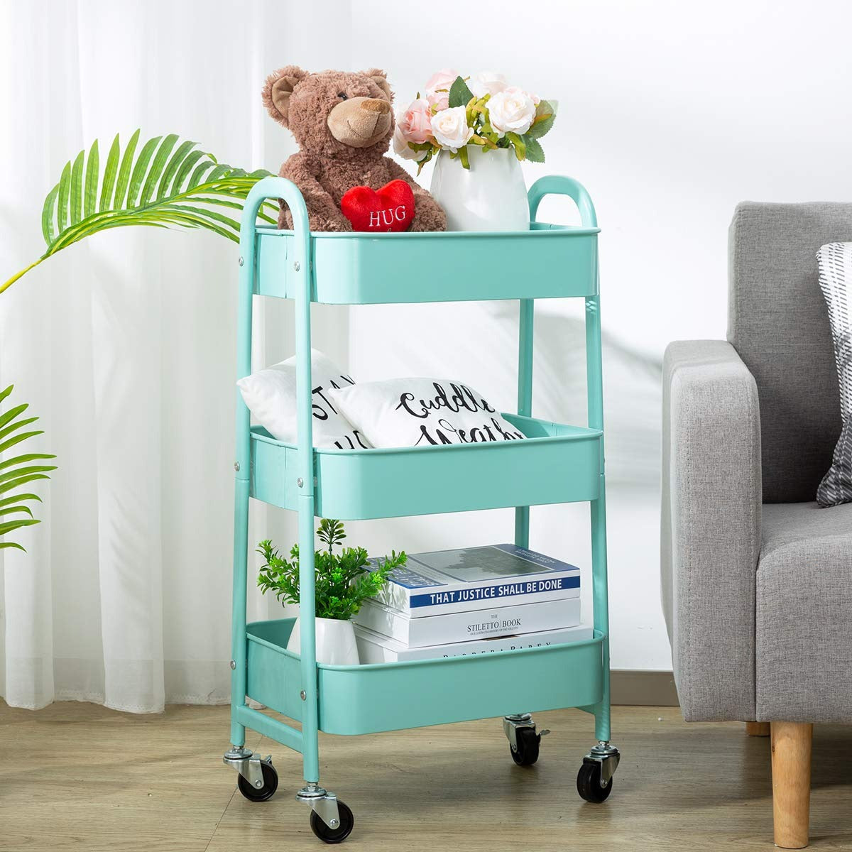 3 Tier Fully Metallic Movable Trolley Storage Rack with Wheels for Kitchen Bathroom Office