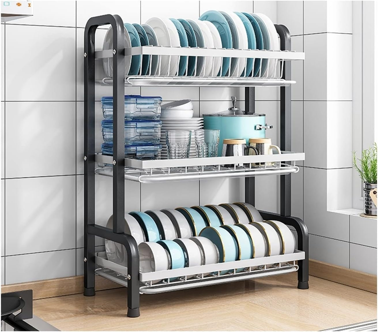 3-Tier Stainless Steel Kitchen Dish Drying Rack / Heavy Duty Standing Dish Drainer with Cutlery Holder
