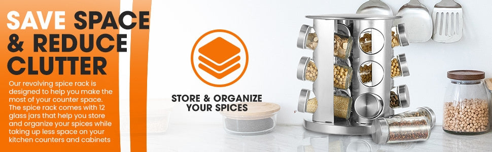 Rotating Spice Rack with 12 Glass Jars/Spice Shelves