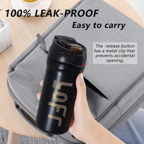 600ml 316 Stainless Steel Double Spout Insulated Coffee Mug - Drink/Straw Dual-Use Design, Leak-Proof and Stain-Proof - Black