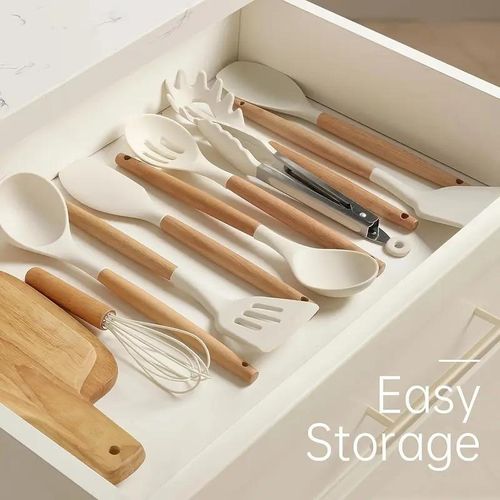 10-piece set of non-stick pans with wooden handles and silicone spatulas - khaki