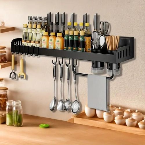 60cm wall-mounted spice rack, no drilling required, with 10 hooks for hanging on the wall, suitable for storing 2 cups of spices - Black