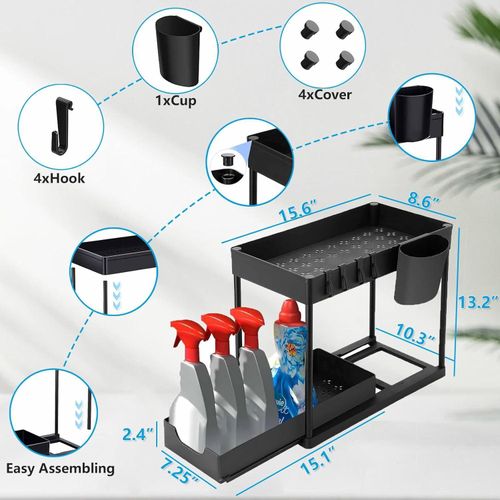 Under Sink Organizers and Storage, 2-Tier Sliding Cabinet Basket Organizer with Hooks, Multi-Purpose Under Sink Organizers and Storage for Bathroom Kitchen