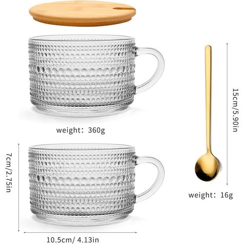 4pcs Clear Embossed Glass Coffee Cup with Lid and Spoon