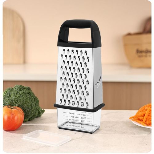 4-Sided Cheese Grater with Container – 100% BPA-Free Stainless Steel Box Grater, Parmesan Shredder, Vegetable Slicer, Slip-Resistant Handle, Dishwasher Safe Zester – Black