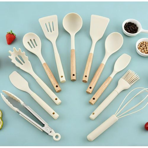 Silicone spatula with wooden handle kitchenware, 500g food-grade silicone, high temperature resistant kitchen utensils, 12-piece set