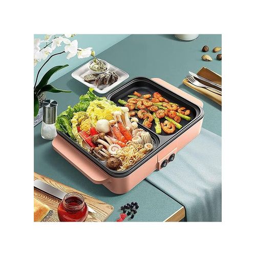 Flushrenic Hot Pot with Grill  2 in 1 Indoor Non-Stick Electric Hot Pot and Frying Pan (Pink)
