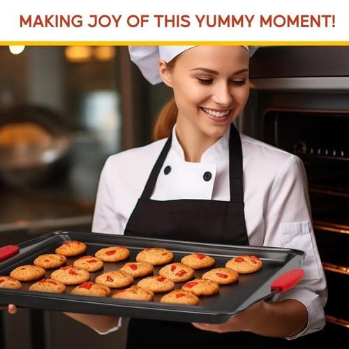 3-Piece Carbon Stainless Steel Non-Stick Oven Baking Pan with Red Silicone Handles