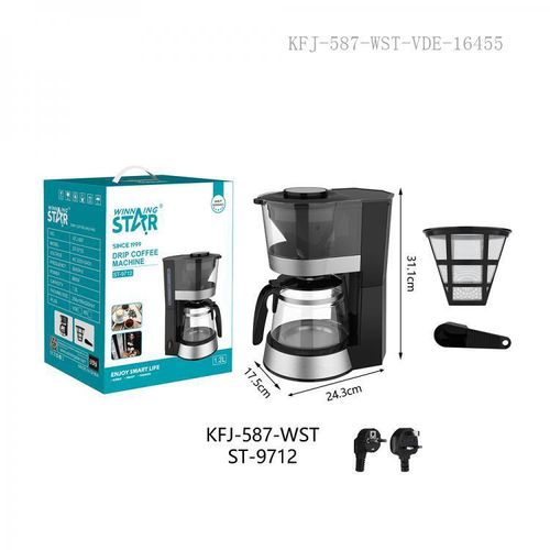 WINNING STAR Coffee Maker Machine with Filter 1.2L Glass Coffee Pot/ Water Tank Non-Stick Coated Hot Plate Warm Keeping/ Automatic Pause Function 1.1m Copper Charging Cable VDE Plug