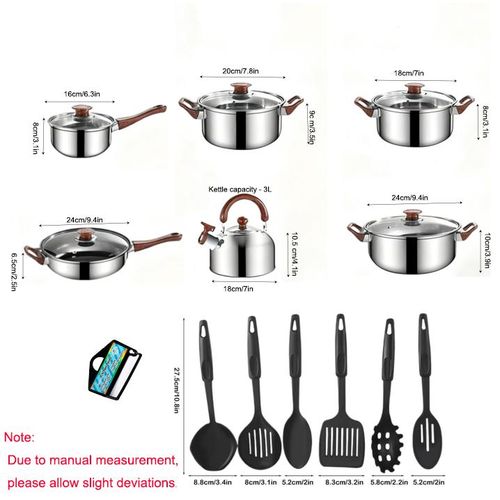 18pcs - stainless steel cookware set including milk pot, soup pot, flat bottom non-stick pan, pot lid, spatula combination pot set