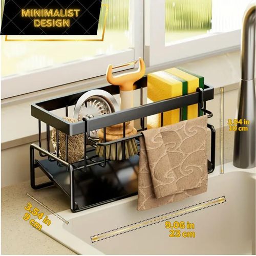 Black bracket for kitchen sink, rust proof kitchen sink box, with automatic drying and detachable cloth rack, multifunctional kitchen sink organizer