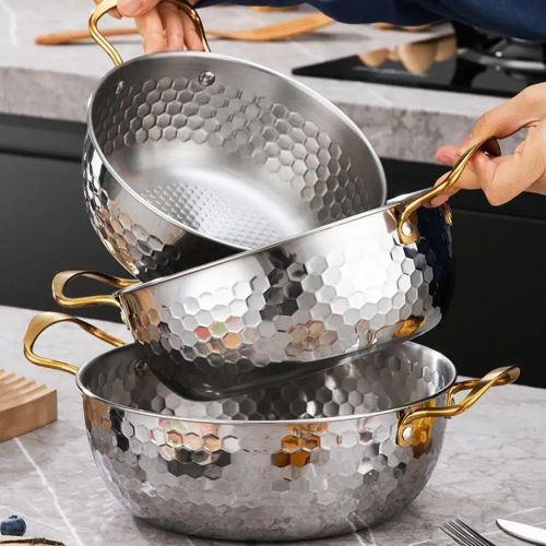 Hammered Stainless Steel 3-Piece Stockpot Set with Lid - Silver