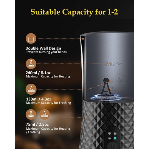TodyJeyHo Milk Foaming Machine 4 in 1, 400W, 240 ml, Hot and Cold Foaming, Milk Foaming Machine for Milk, Chocolate, Cappuccino, Frappe, Heating Function, Keep Warm and Temperature Control, Stainless Steel, black