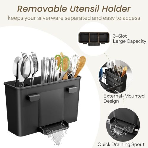 addigoes Iron Dish Rack with Extendable Drainboard &amp; Knife Holder - Space Saving Counter Drying Rack with Utensil Holder and Knife Slots (Black)