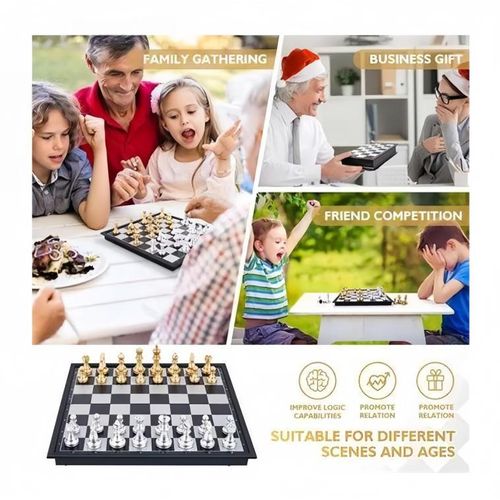 Folding Chess Board Set Gold Silver Travel Chess Board Game Sets Portable Beginner Chess Set Plastic for Children Adult Party