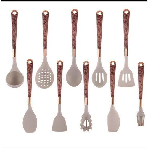 11 Piece Silicone Wood Grain Handle Non-stick Cooking Utensils Set With Storage Bucket