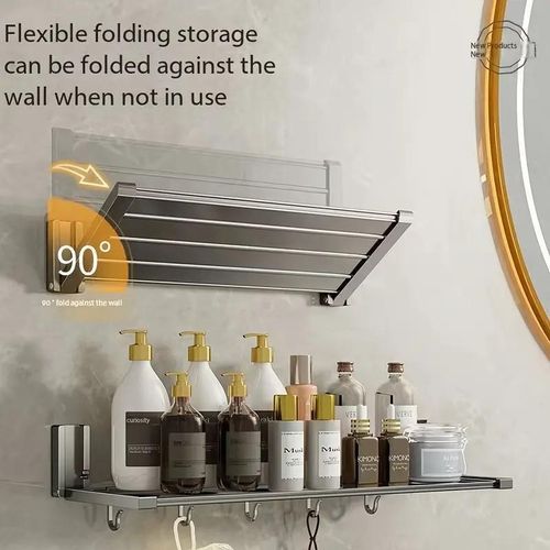 1pcs Punch-free wall-mounted folding kitchen rack, removable and washable (39cm thick + 5 hooks)