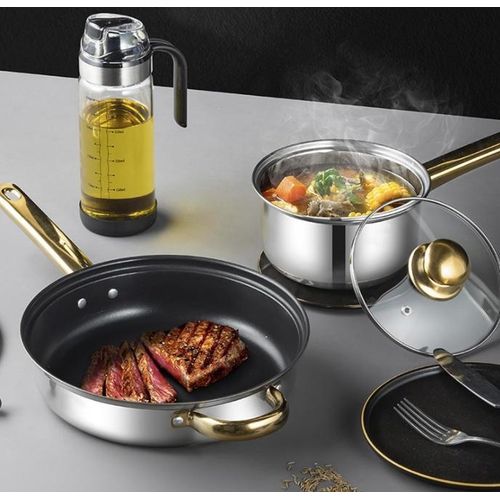 12Pcs Heavy Non-Stick Cooking Pot Set/Cookware Set With Frying Pan  - With Glass Lid - Gold