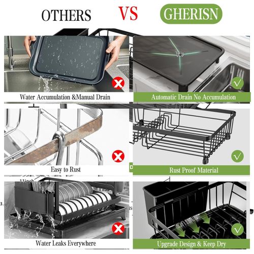 Flushrenic Dishwashing rack,Kitchen countertop cutlery drying rack,Dish Drying Rack for Kitchen Counter,Adjustable Drain Spout,Utensil Separation Design,Spout Removable Utensil and Cup Holder,Kitchen storage