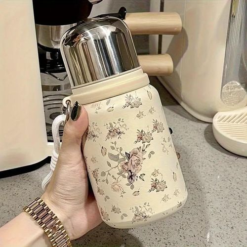 600ML Peony Flower Water Bottle, Leak-proof and Drop-proof Thermos Cup with Carrying Rope, Made of BPA-Free 316 Stainless Steel, Can Keep Drinks Hot or Cold for a Long Time