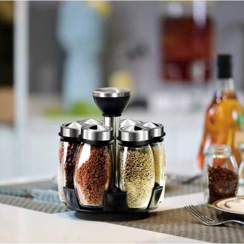 6-Jar Revolving Spice Rack Organizer Holder, Kitchen Countertop Seasoning Stand Organizer Include 6 Glass Jar Bottles, Great Gift For Chefs &amp; Foodies (Spices Not Included)