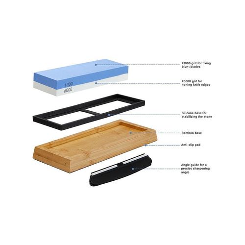 TodyJeyHo Sharpening Stone 2-in 1 Whetstone Knife Sharpener Stone Dual Sides 1000/6000 Grit Knife Sharpening Kit Wet Stone with Flattening Stone Angle Guide Non-Slip Bamboo Base for Kitchen Pocket Knife