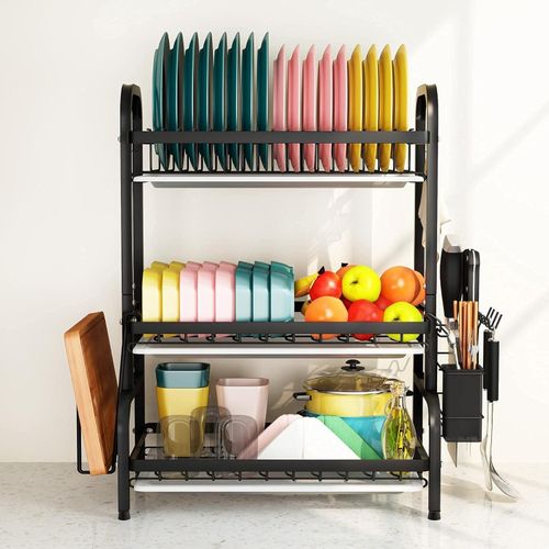 CYFAZA Dish Drying Rack, Metal 3-Tier Large Capacity Dish Rack with Utensil Holder, Cutting Board Holder, Draining Board Tray for Kitchen Counter Storage (Black)