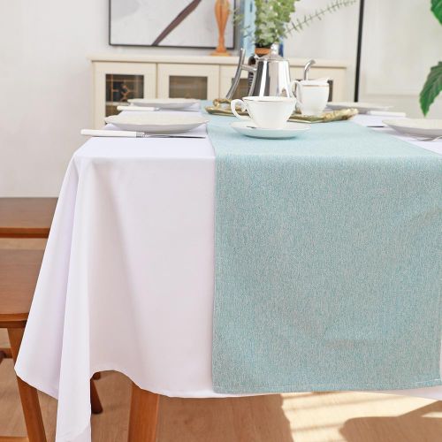 Solid Tablecloth and Table Runner Set, Washable Kitchen Dining Table Decoration for Home Party Decor, Light Blue