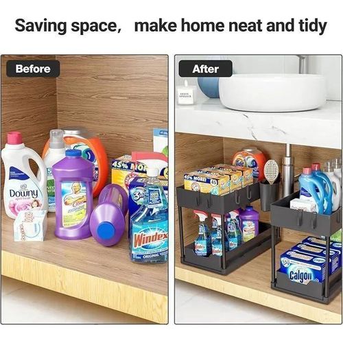 2-layer storage under sink, sliding drawer, multifunctional organizer for kitchen and bathroom sink