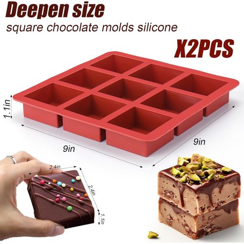 Square Chocolate Molds Silicone, 2pcs 9-Cavity Deep Chocolate Bar Molds DIY 6.3 x 6.3 x 2.5cm Dubai Chocolate Bar,Chocolate Covered Cookies,Silicone Molds for Baking Granola Bar, Brownie, Muffin
