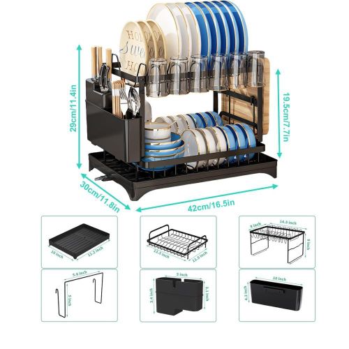 addigoes 2-Tier Iron Dish Drying Rack with Drip Tray &amp; Utensil Basket - Heavy Duty Kitchen Counter Organizer, Space-Saving (Black)