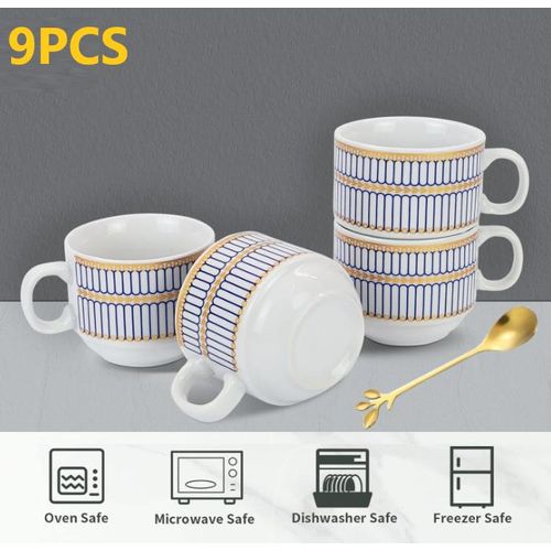 Set Of 4 Ceramic Tea Cups With Stand,Printed Coffee Mugs With Holder+Elegant Gold Leaf Coffee Spoons,Tableware Dessert Spoons,Espresso &amp; Dessert Tea Spoons  - 150 ML