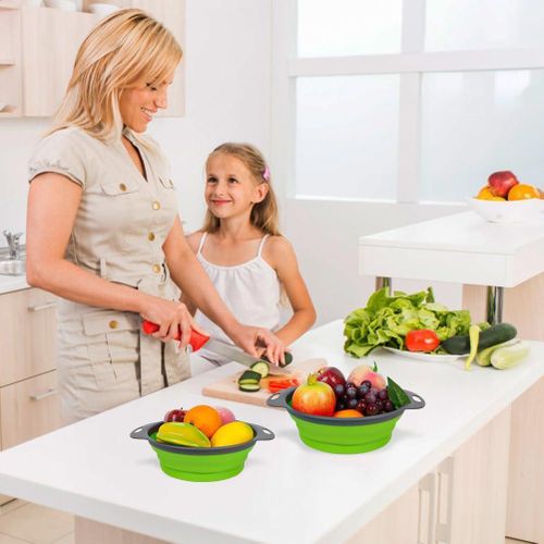 2 Pack Collapsible Colander Set, Round Silicone Folding Collapsible Strainers with Plastic Handles, Eco-Friendly Food Strainer for Kitchen Draining Pasta Vegetables Fruits-1 Large and 1 Small