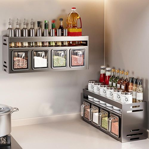 Wall-mounted spice rack, oil/salt/sauce/v-inegar/seasoning storage box